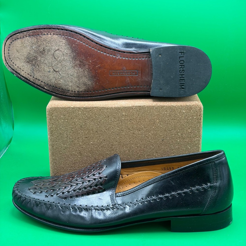 Florsheim Loafers Mens 10.5 D Black Leather Woven Vamp Whipstitch Dress Shoes